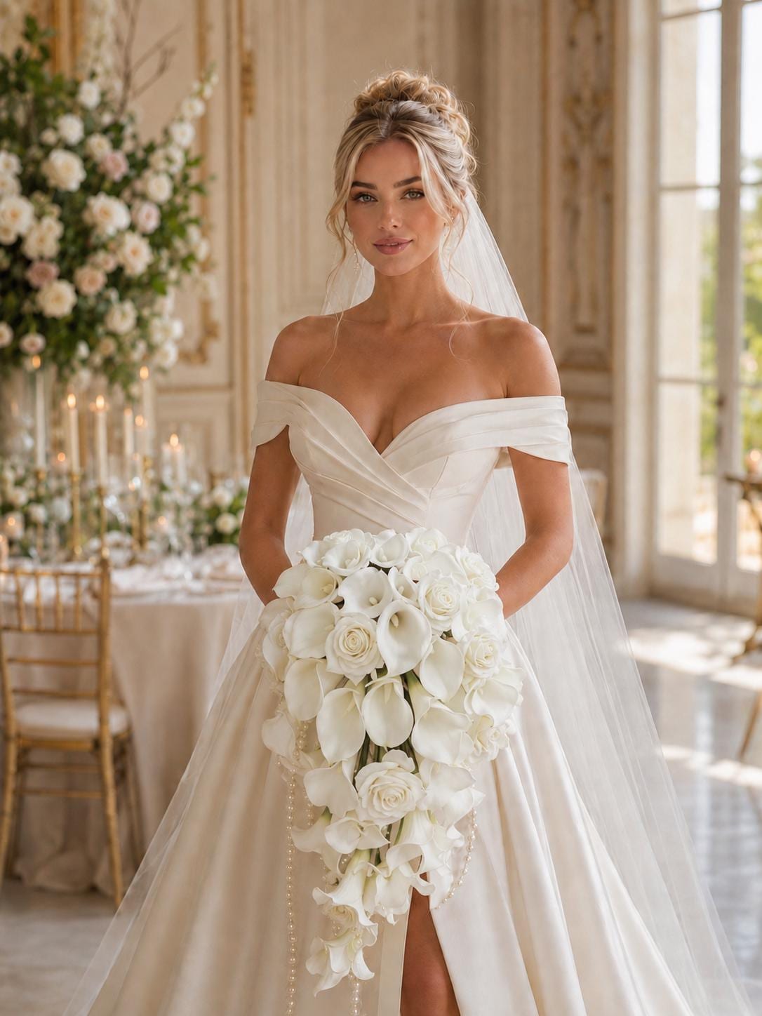 Cascading Bridal Bouquet with Orchids and Roses