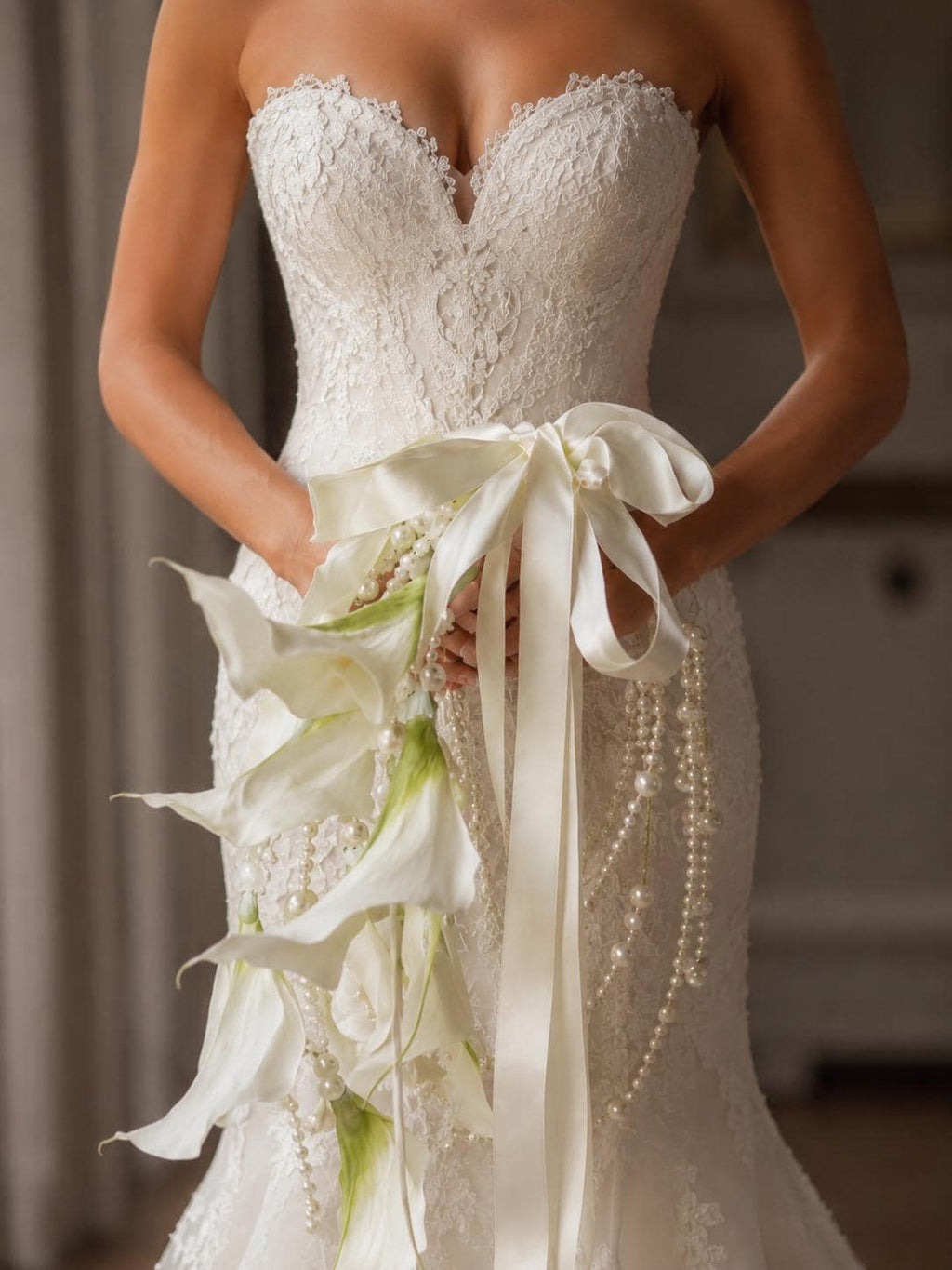 Cascading Calla Lily Wedding Bouquet with Pearls