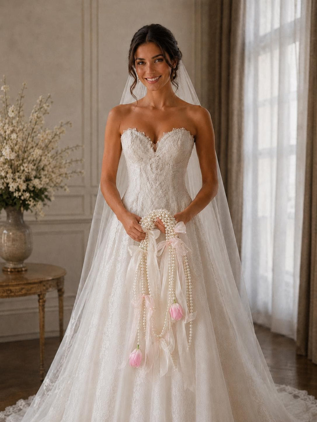 Silk Pink Cascading Tulip Pearl Bridal Flowers Bouquet