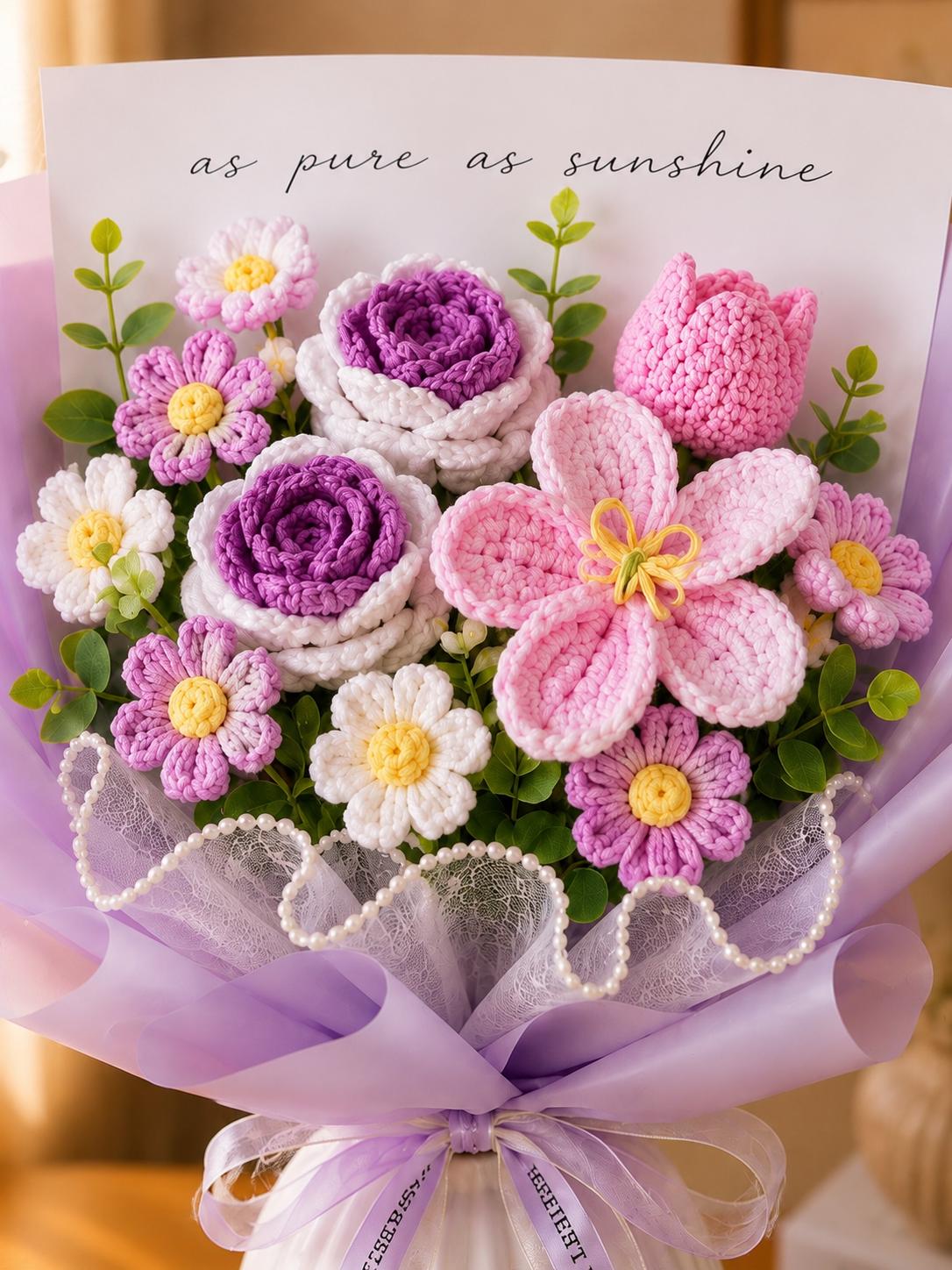 Handmade Crochet Flower Bouquet, Sunflower, Rose, Knitted Arrangement, Lasting Gift
