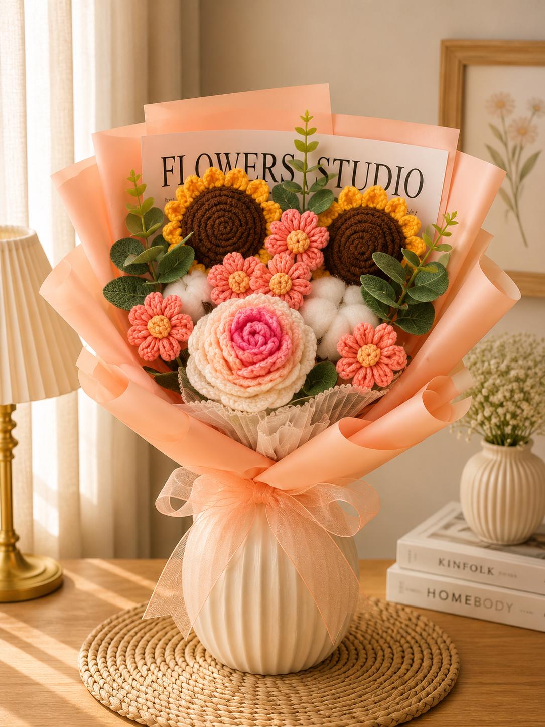 Handmade Crochet Flower Bouquet, Sunflower, Rose, Knitted Arrangement, Lasting Gift