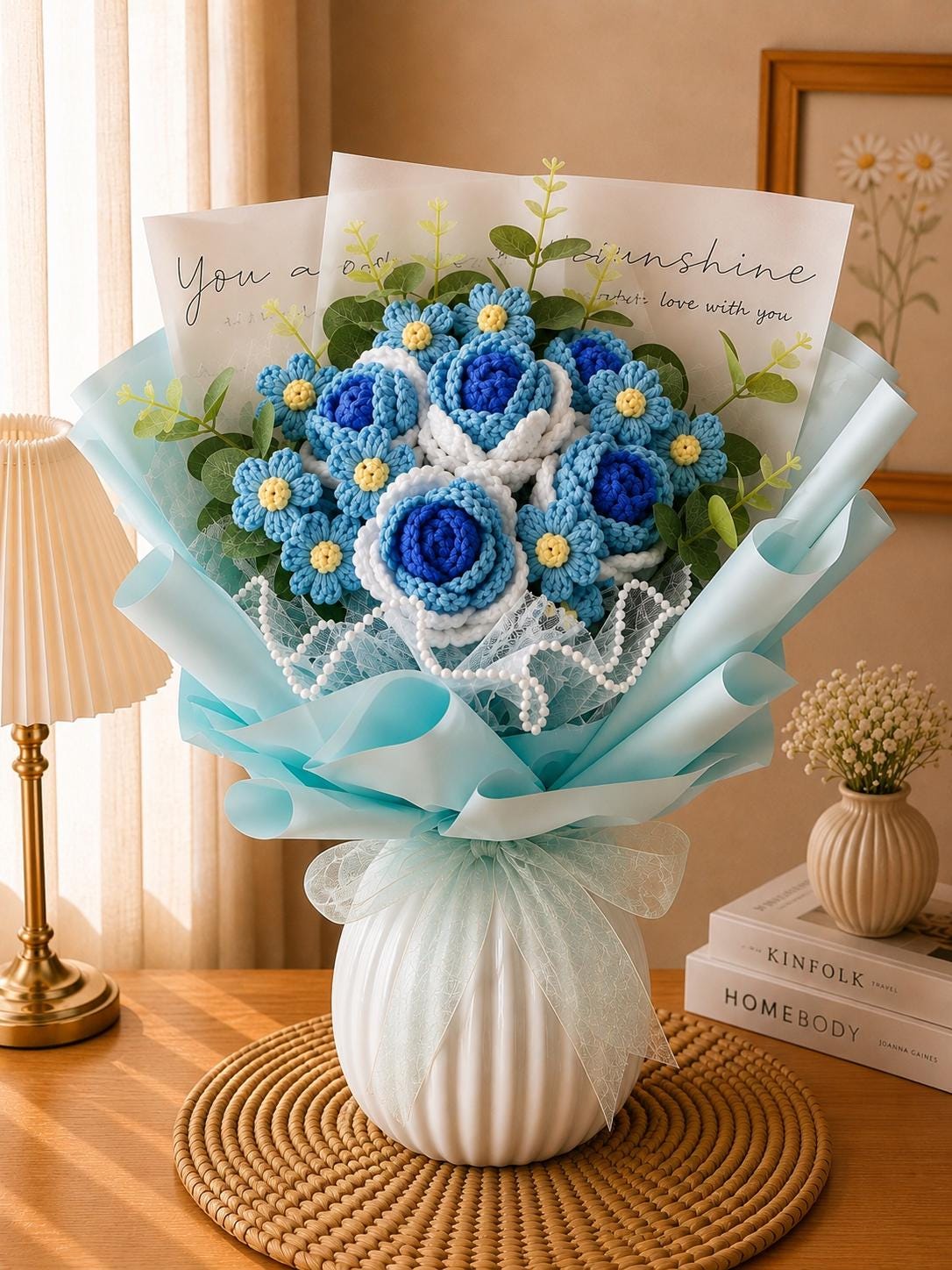 Handmade Crochet Flower Bouquet, Sunflower, Rose, Knitted Arrangement, Lasting Gift