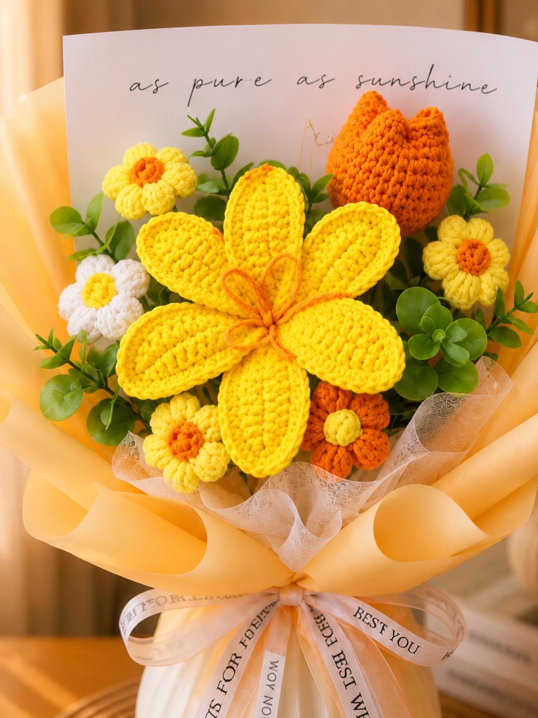 Handmade Crochet Flower Bouquet, Sunflower, Rose, Knitted Arrangement, Lasting Gift
