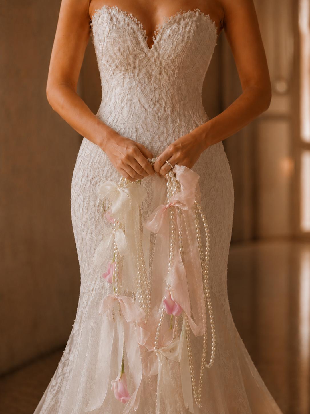 Silk Pink Cascading Tulip Pearl Bridal Flowers Bouquet