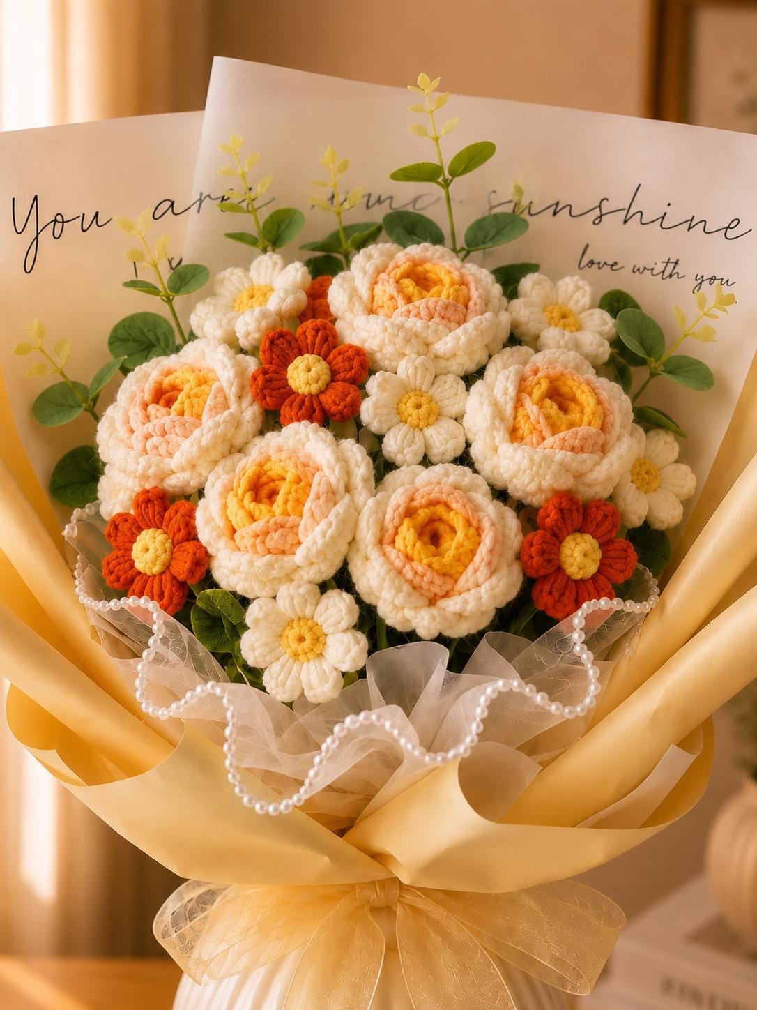 Handmade Crochet Flower Bouquet, Sunflower, Rose, Knitted Arrangement, Lasting Gift