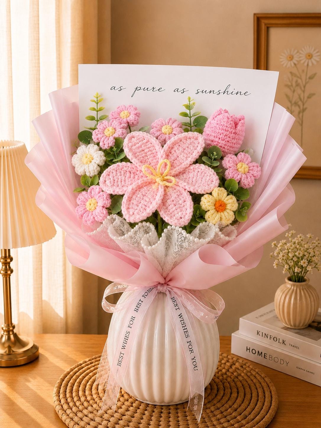 Handmade Crochet Flower Bouquet, Pink Tulip Daisy Arrangement, Knitted Gift