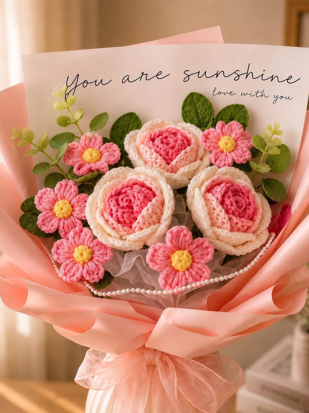 Handmade Crochet Flower Bouquet, Sunflower, Rose, Knitted Arrangement, Lasting Gift
