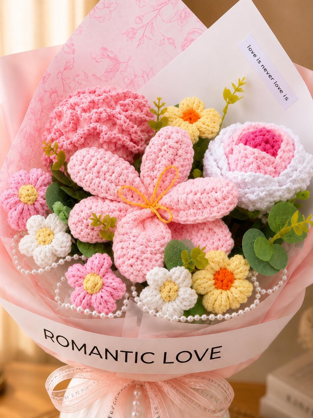 Handmade Crochet Flower Bouquet, Pink Tulip Daisy Arrangement, Knitted Gift