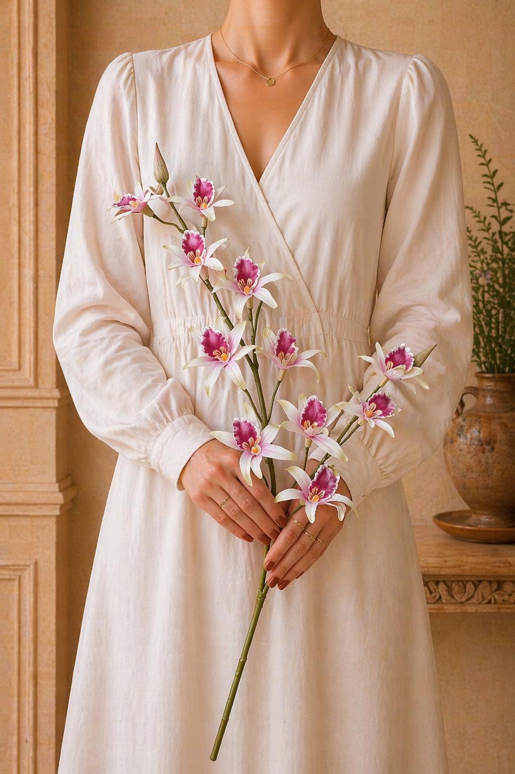 Real Touch Dendrobium Orchid Branch, 2 Fork Artificial Orchid Stem, Handmade Realistic Faux Flower Arrangement