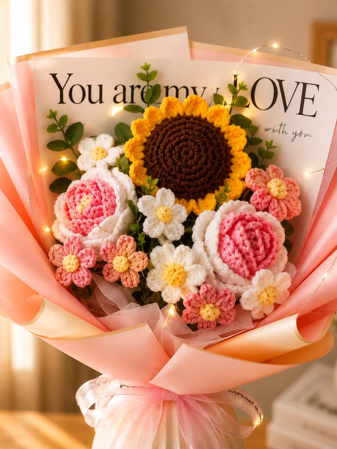 Handmade Crochet Flower Bouquet, Sunflower, Rose, Knitted Arrangement, Lasting Gift