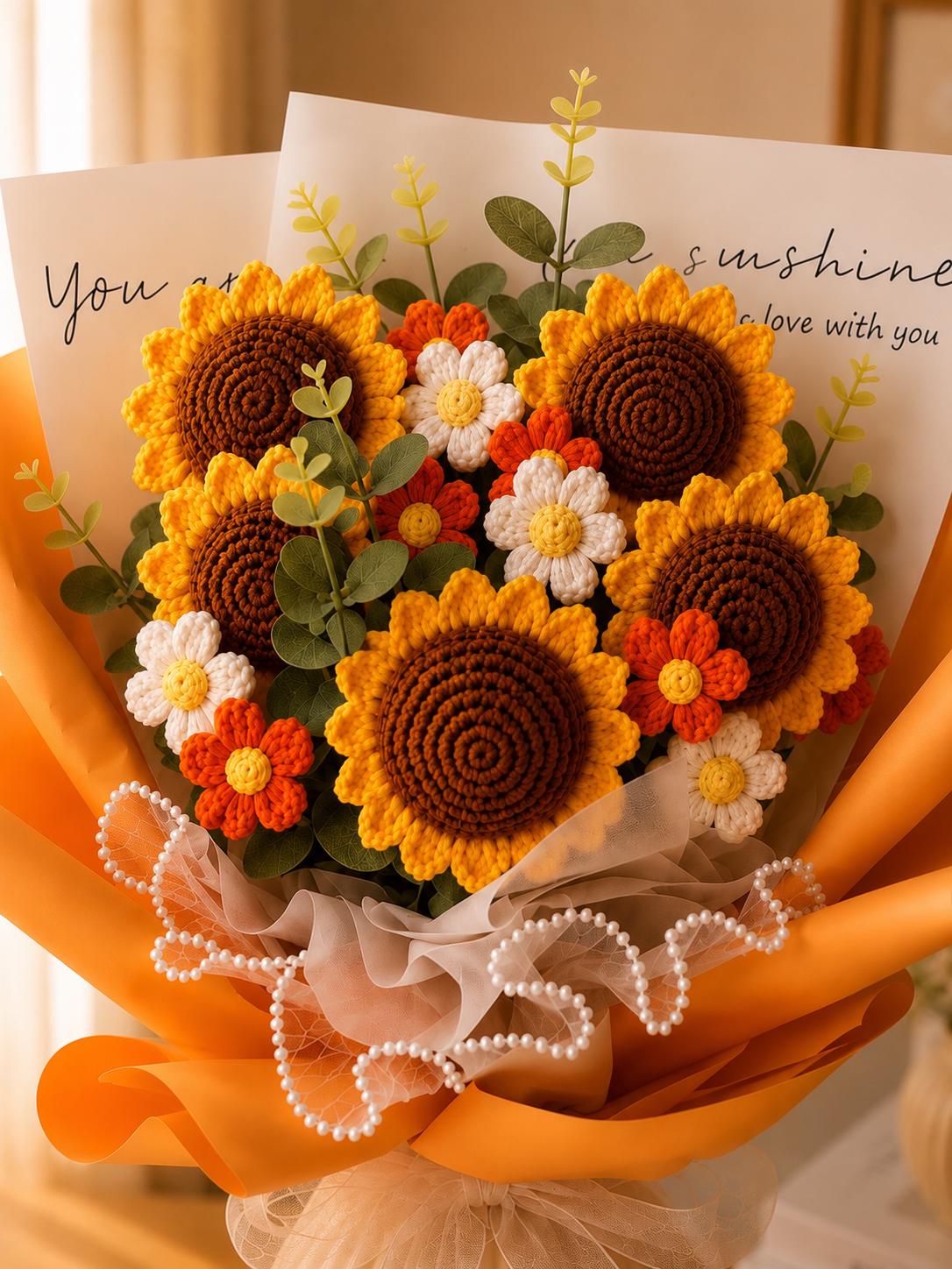 Handmade Crochet Flower Bouquet, Sunflower, Rose, Knitted Arrangement, Lasting Gift