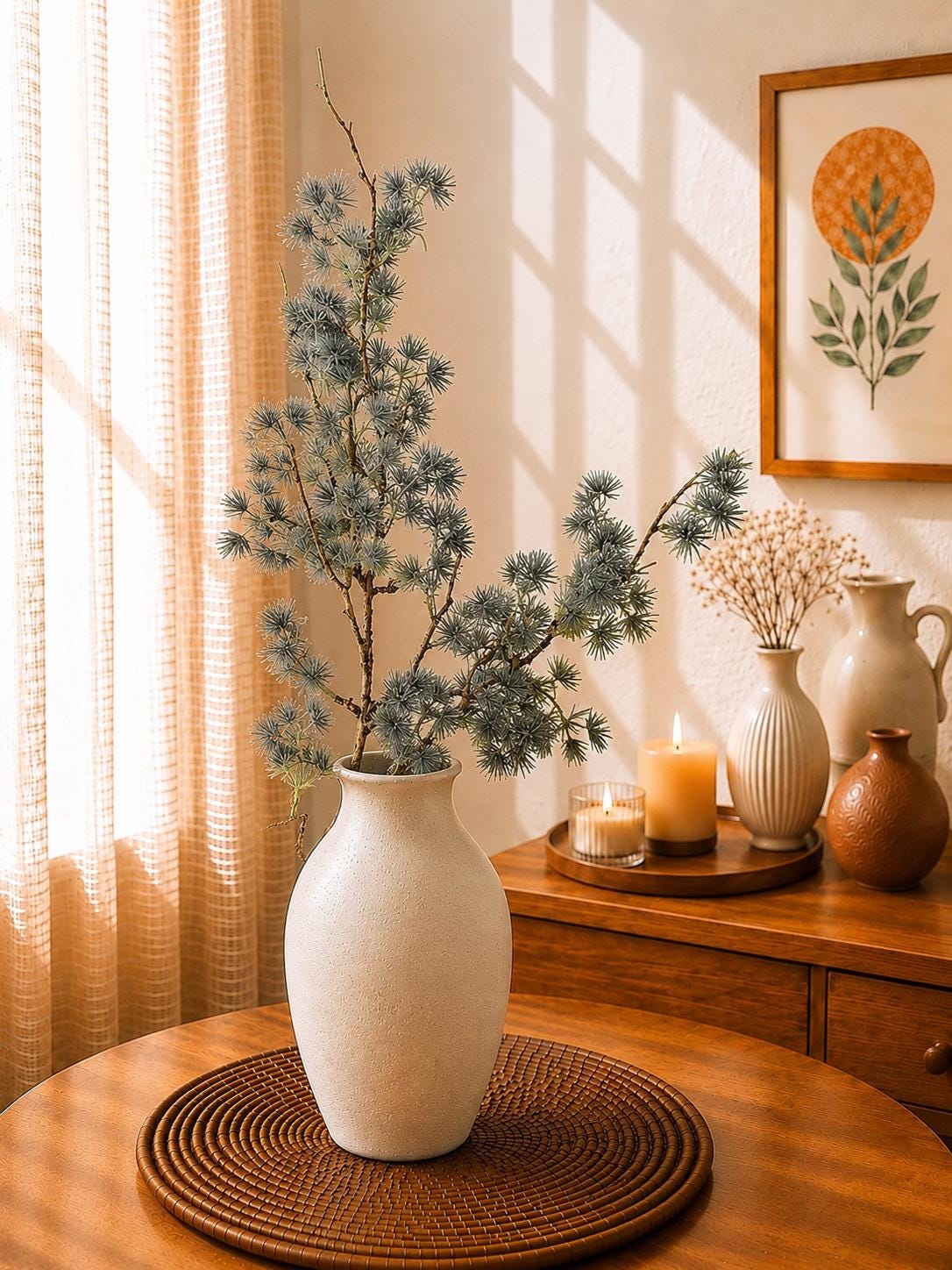 Long Pine Needle Branch Faux Greenery Stem for Vase Decor, Wedding Styling, Home Decor
