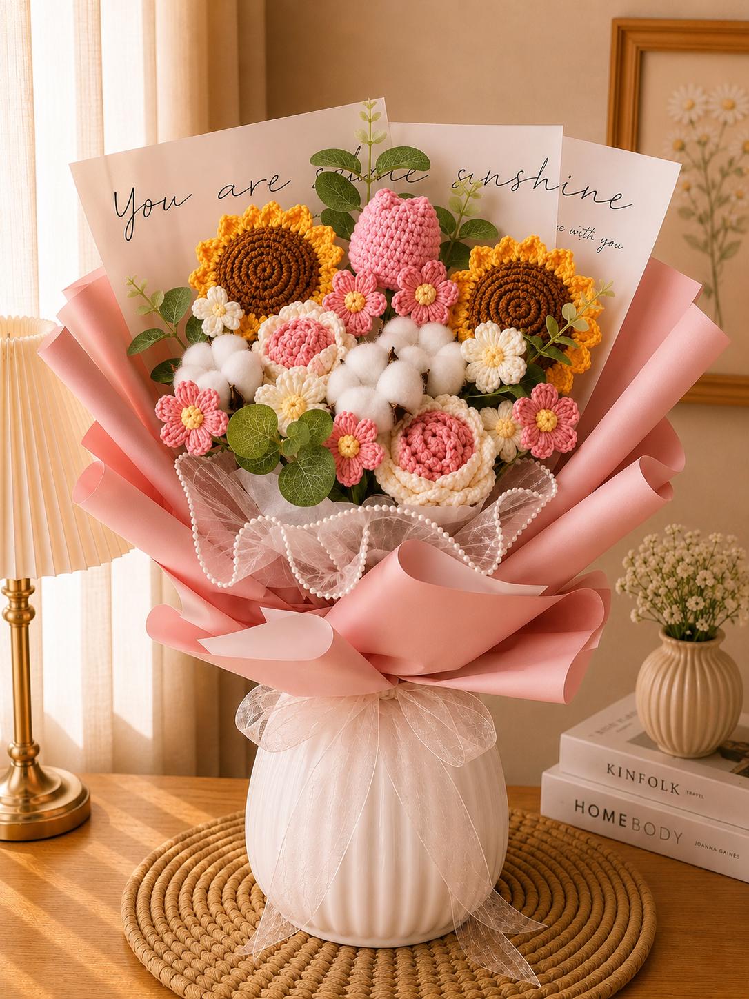 Handmade Crochet Flower Bouquet, Sunflower, Rose, Knitted Arrangement, Lasting Gift