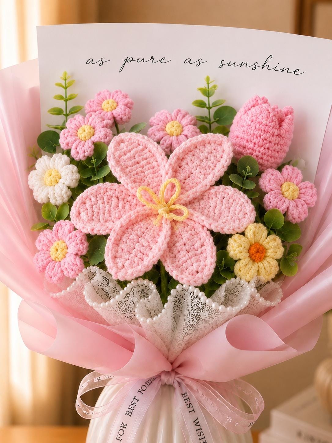 Handmade Crochet Flower Bouquet, Pink Tulip Daisy Arrangement, Knitted Gift