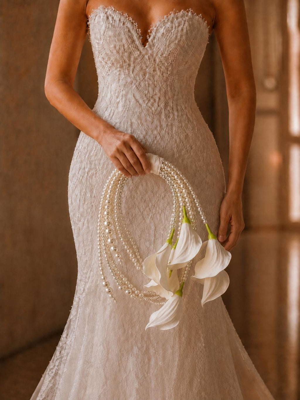 Half Moon White Calla Lily Pearl Bridal Bouquet