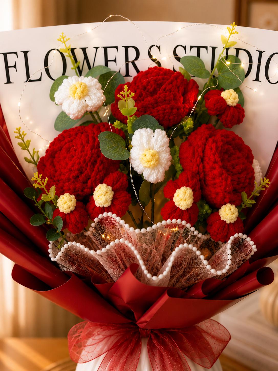 Handmade Crochet Flower Bouquet, Sunflower, Rose, Knitted Arrangement, Lasting Gift