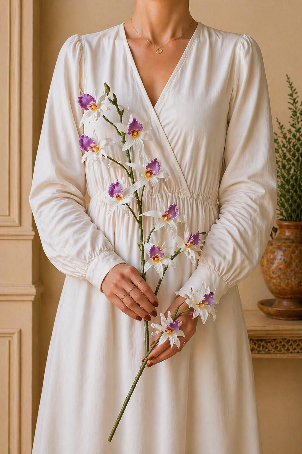Real Touch Dendrobium Orchid Branch, 2 Fork Artificial Orchid Stem, Handmade Realistic Faux Flower Arrangement
