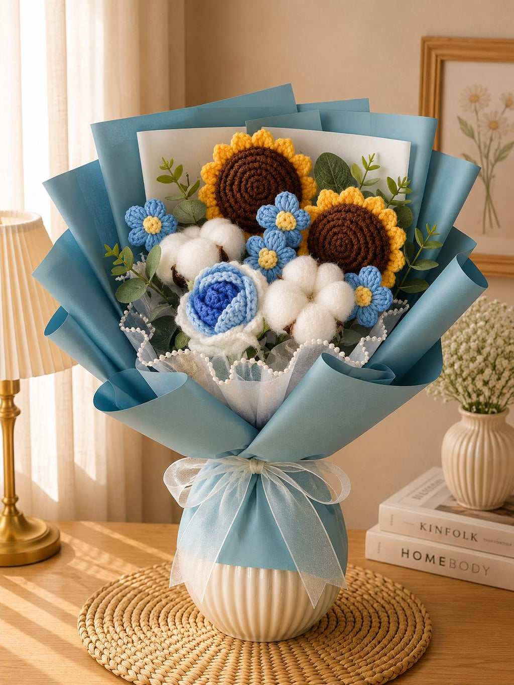 Handmade Crochet Flower Bouquet, Sunflower, Rose, Knitted Arrangement, Lasting Gift