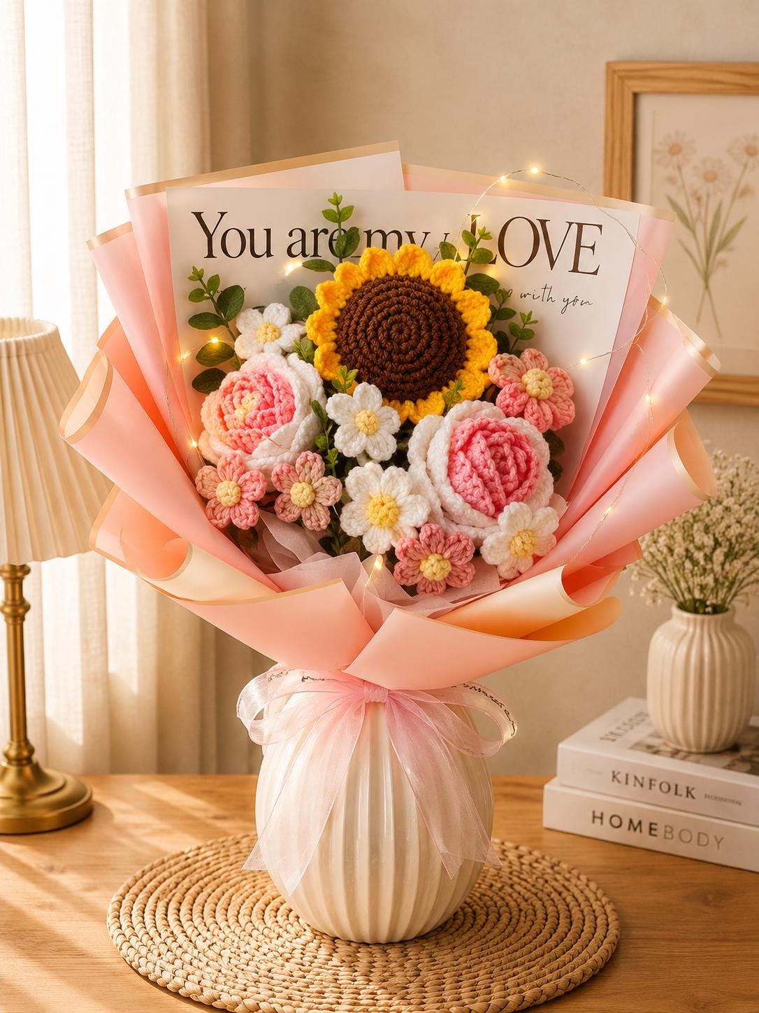 Handmade Crochet Flower Bouquet, Sunflower, Rose, Knitted Arrangement, Lasting Gift