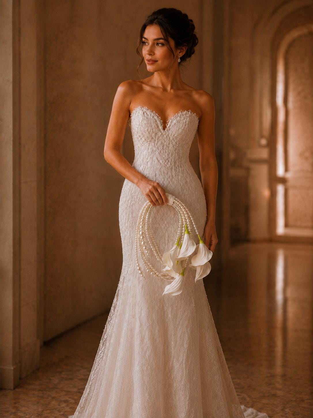 Half Moon White Calla Lily Pearl Bridal Bouquet