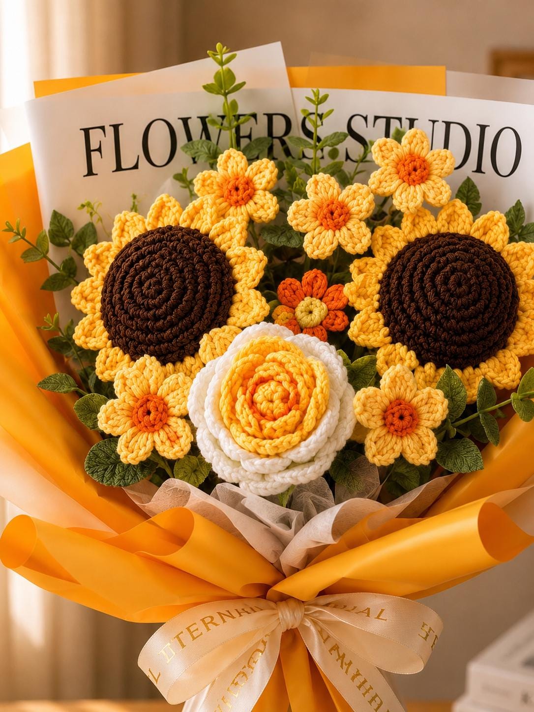 Handmade Crochet Flower Bouquet, Sunflower, Rose, Knitted Arrangement, Lasting Gift