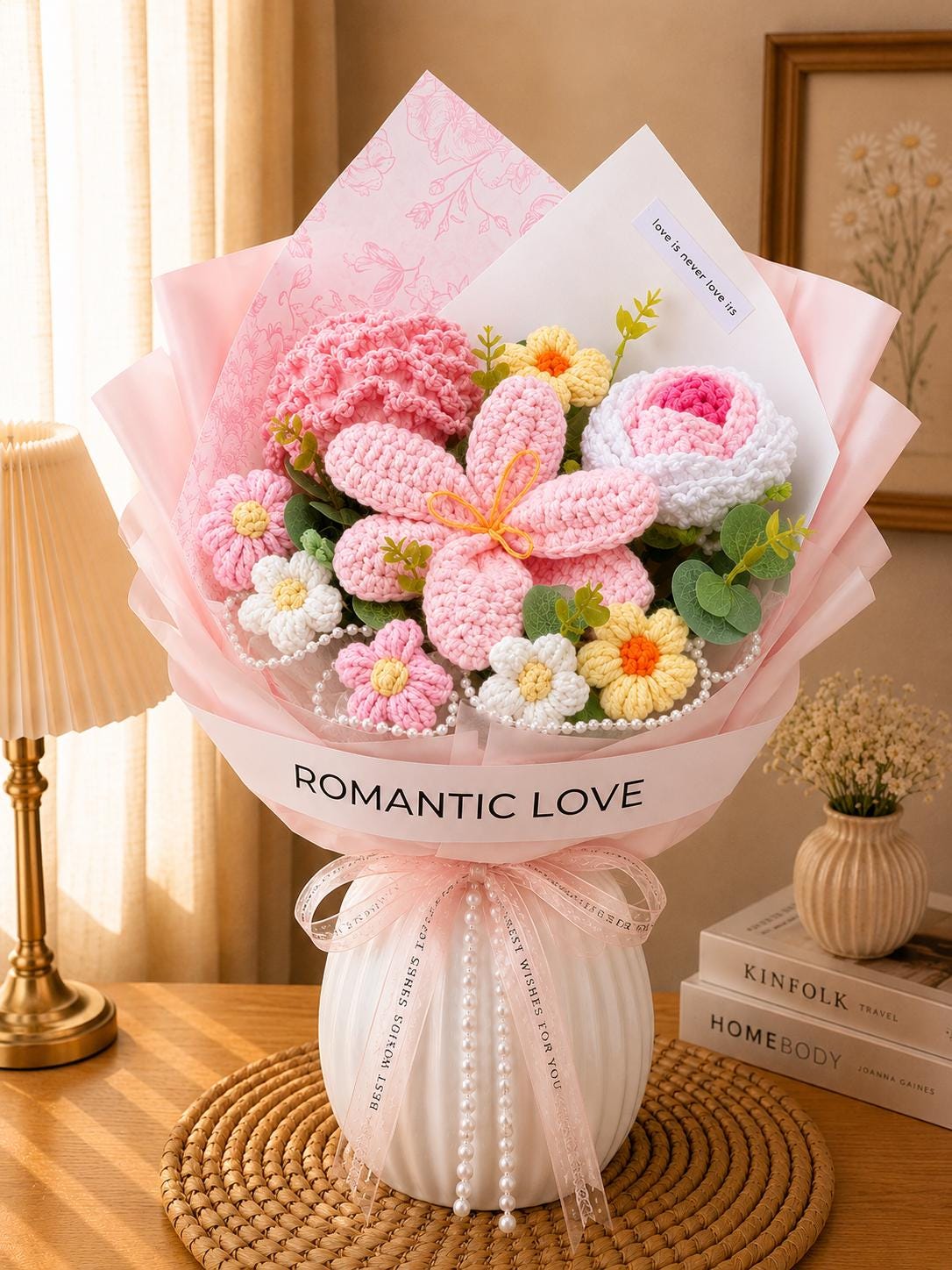 Handmade Crochet Flower Bouquet, Pink Tulip Daisy Arrangement, Knitted Gift