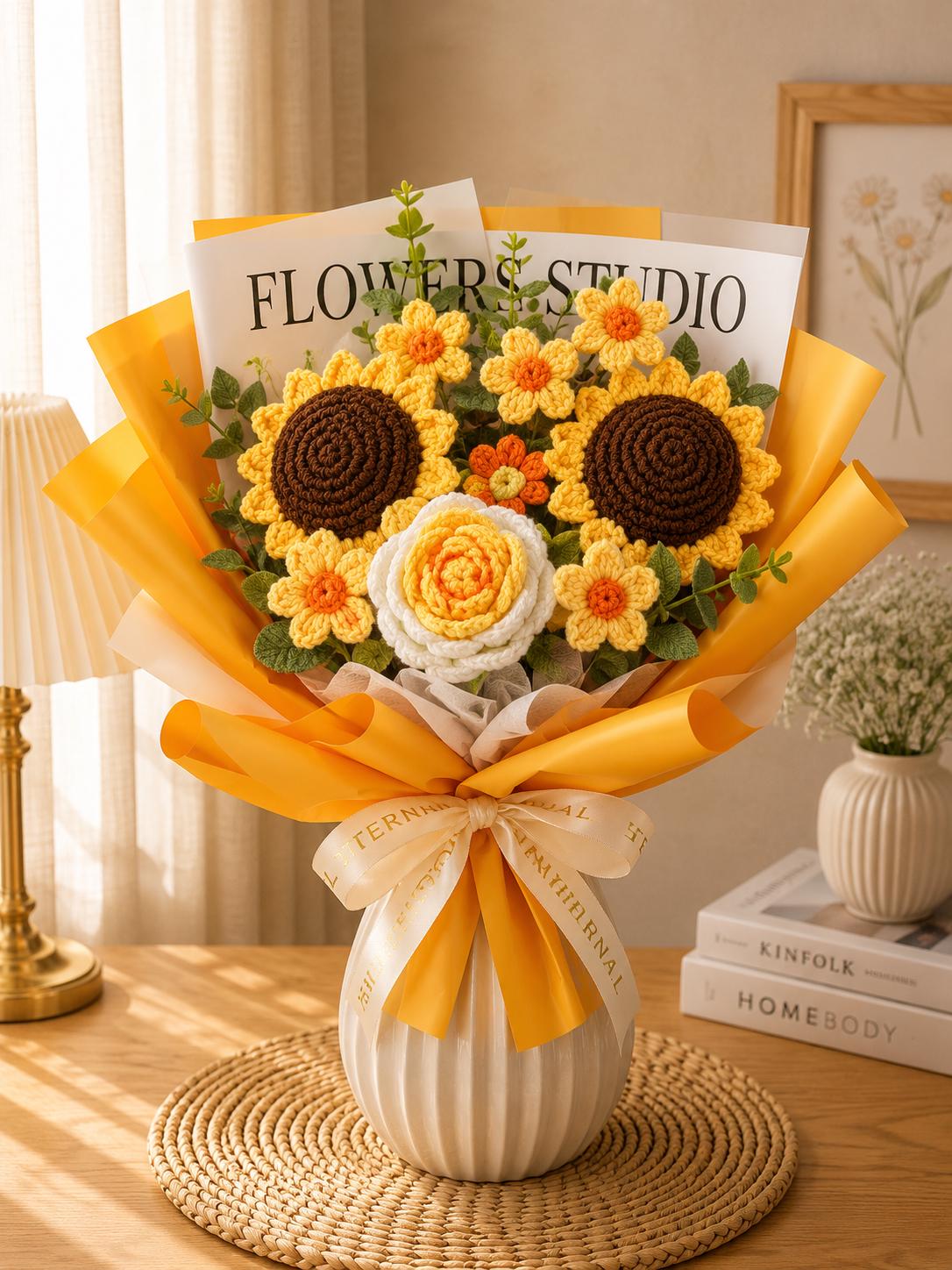 Handmade Crochet Flower Bouquet, Sunflower, Rose, Knitted Arrangement, Lasting Gift
