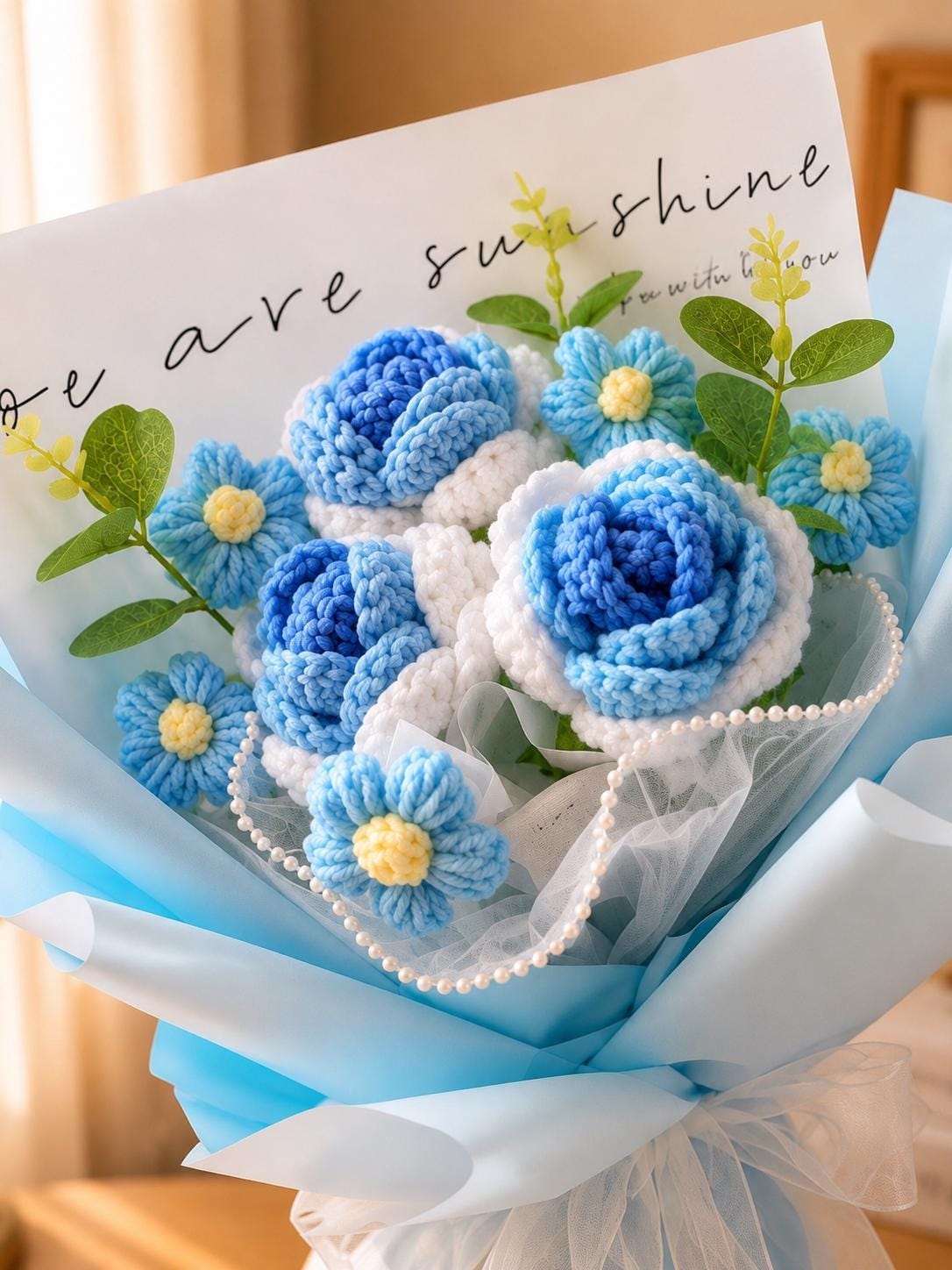 Handmade Crochet Flower Bouquet, Sunflower, Rose, Knitted Arrangement, Lasting Gift
