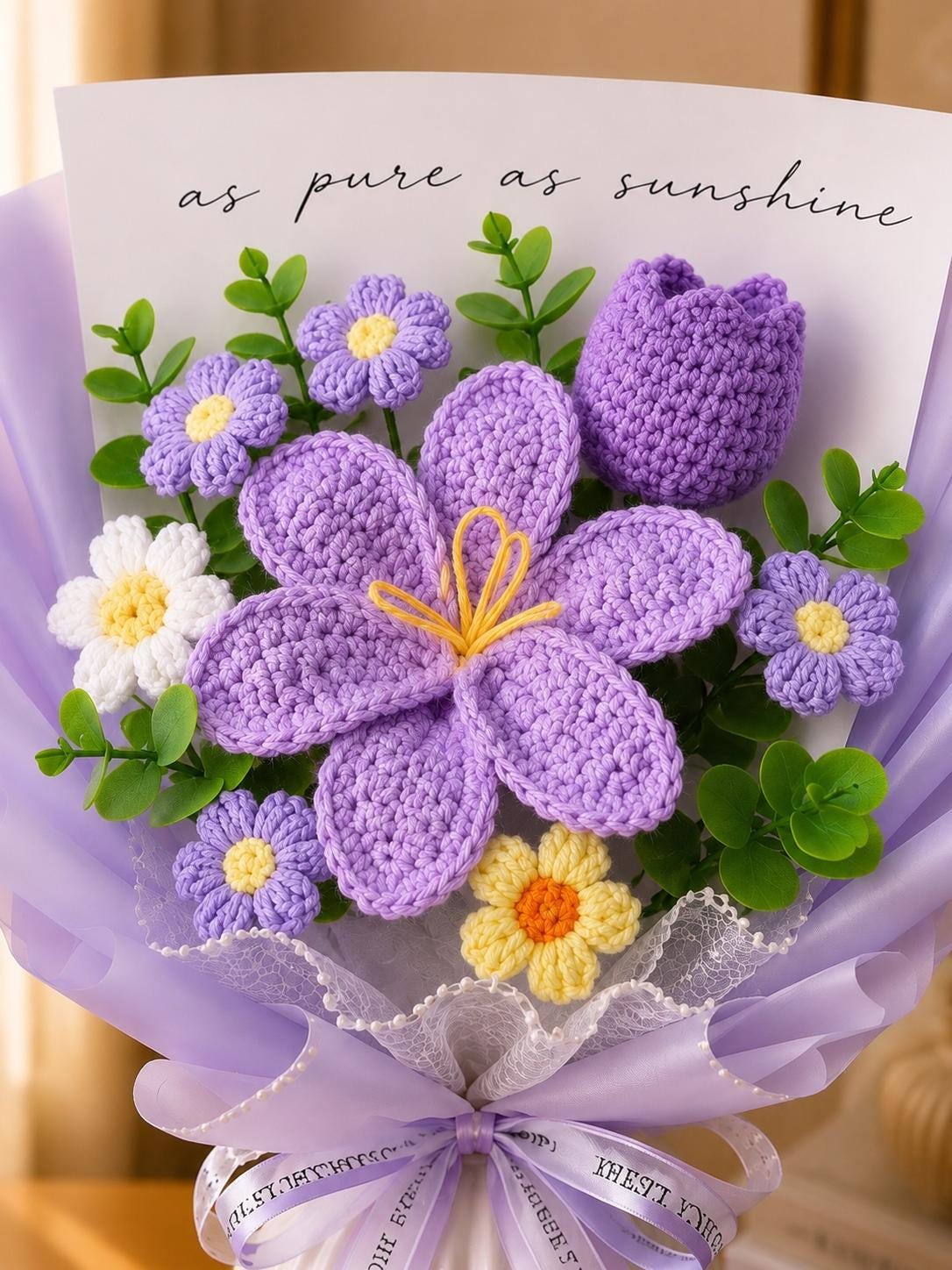 Handmade Crochet Flower Bouquet, Pink Tulip Daisy Arrangement, Knitted Gift