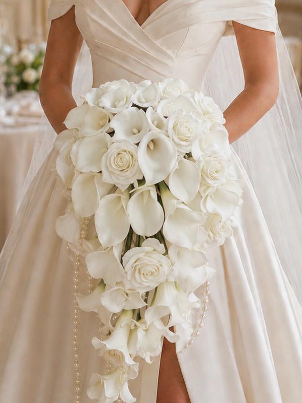Cascading Bridal Bouquet with Orchids and Roses