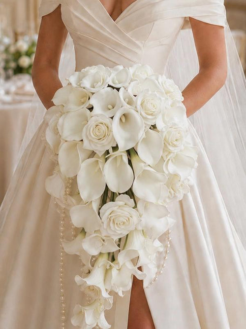 Cascading Bridal Bouquet with Orchids and Roses