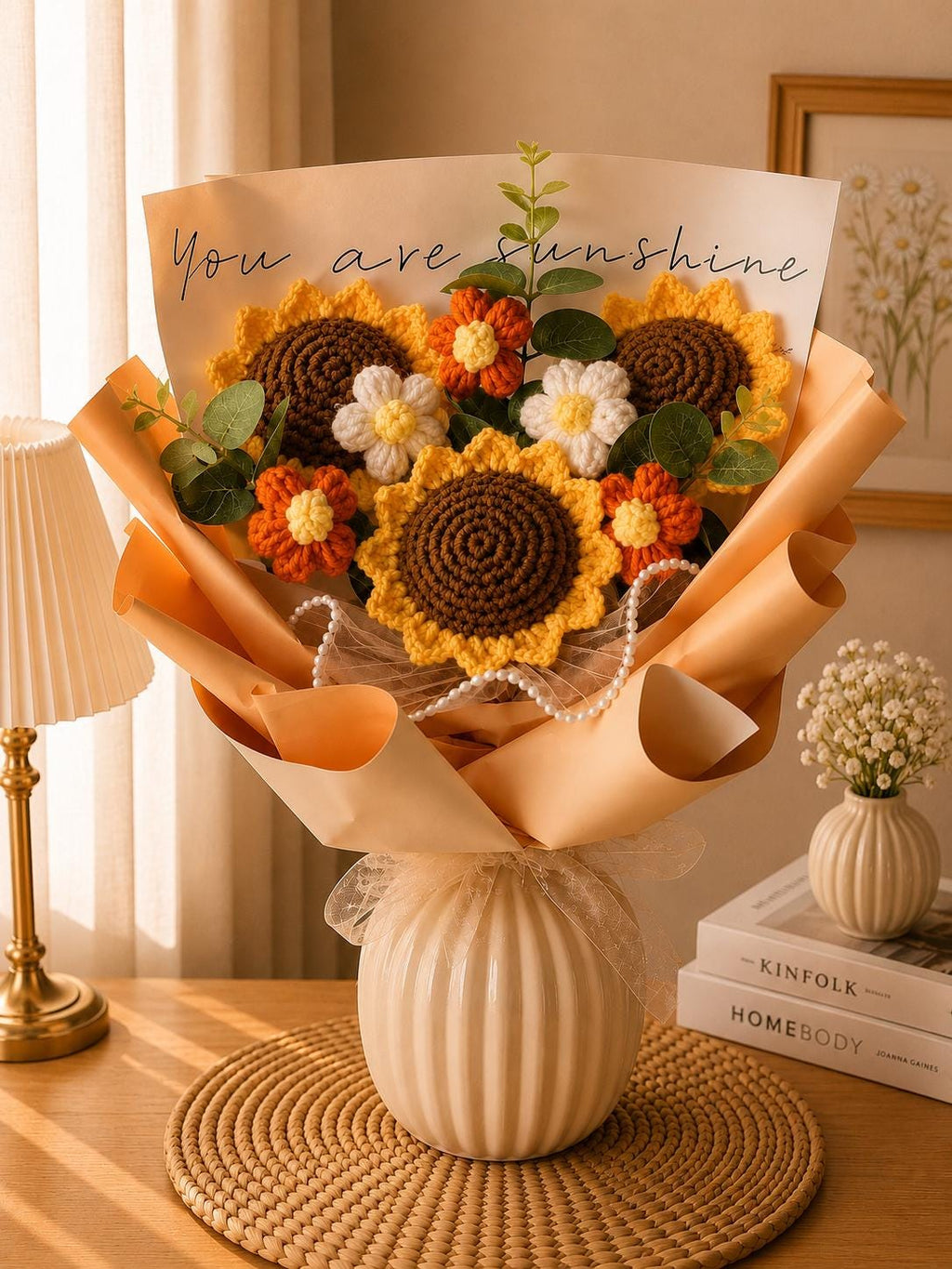 Handmade Crochet Flower Bouquet, Sunflower, Rose, Knitted Arrangement, Lasting Gift