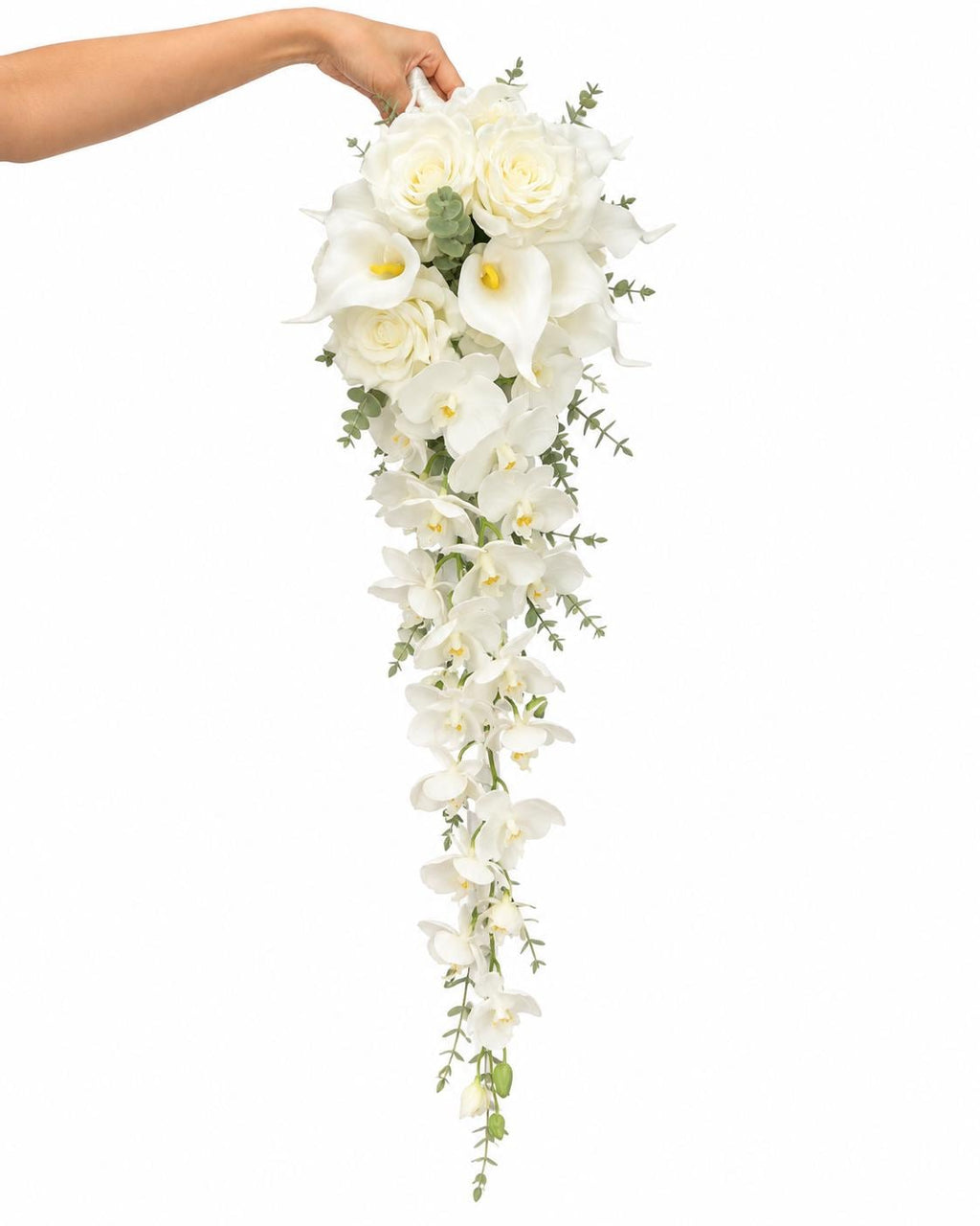 Cascading White Orchid Calla Lily Wedding Bouquet Faux Rose Bridal Flowers
