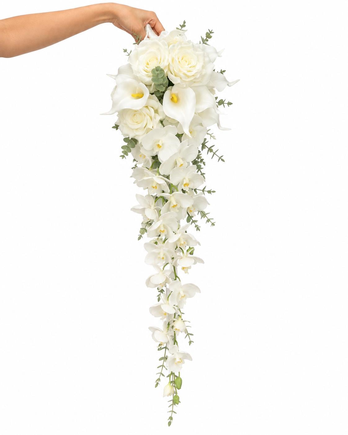 Cascading White Orchid Calla Lily Wedding Bouquet Faux Rose Bridal Flowers