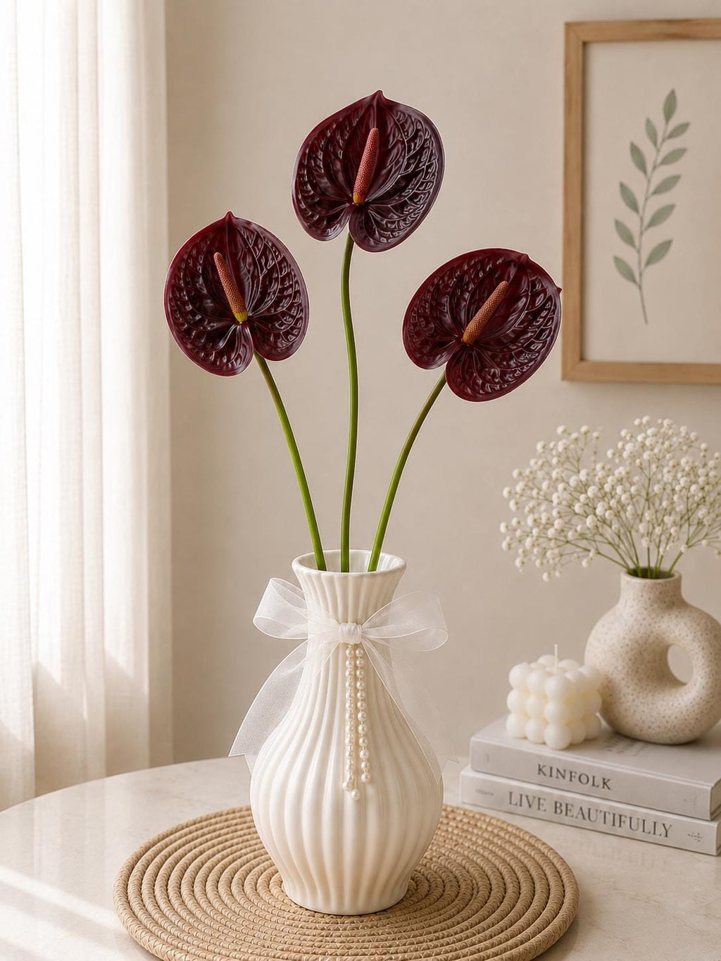 3D Anthurium Faux Flower Artificial Wedding Decor Home Styling Stem