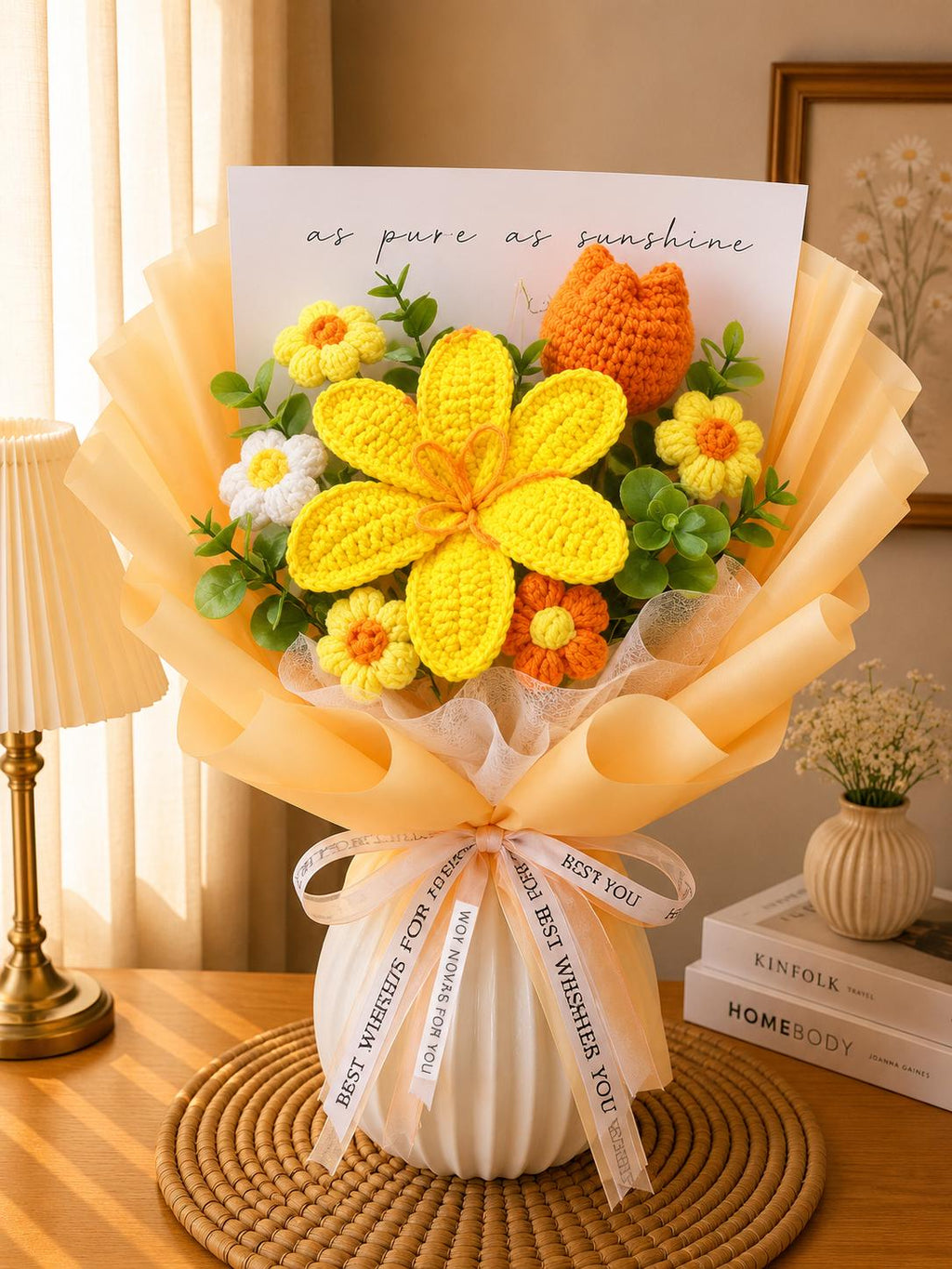 Handmade Crochet Flower Bouquet, Sunflower, Rose, Knitted Arrangement, Lasting Gift