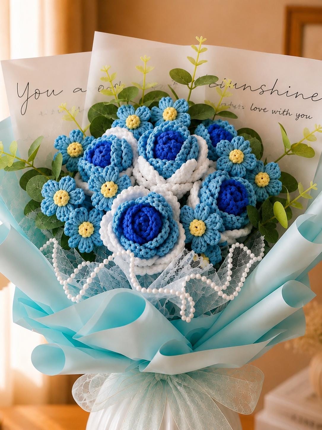 Handmade Crochet Flower Bouquet, Sunflower, Rose, Knitted Arrangement, Lasting Gift