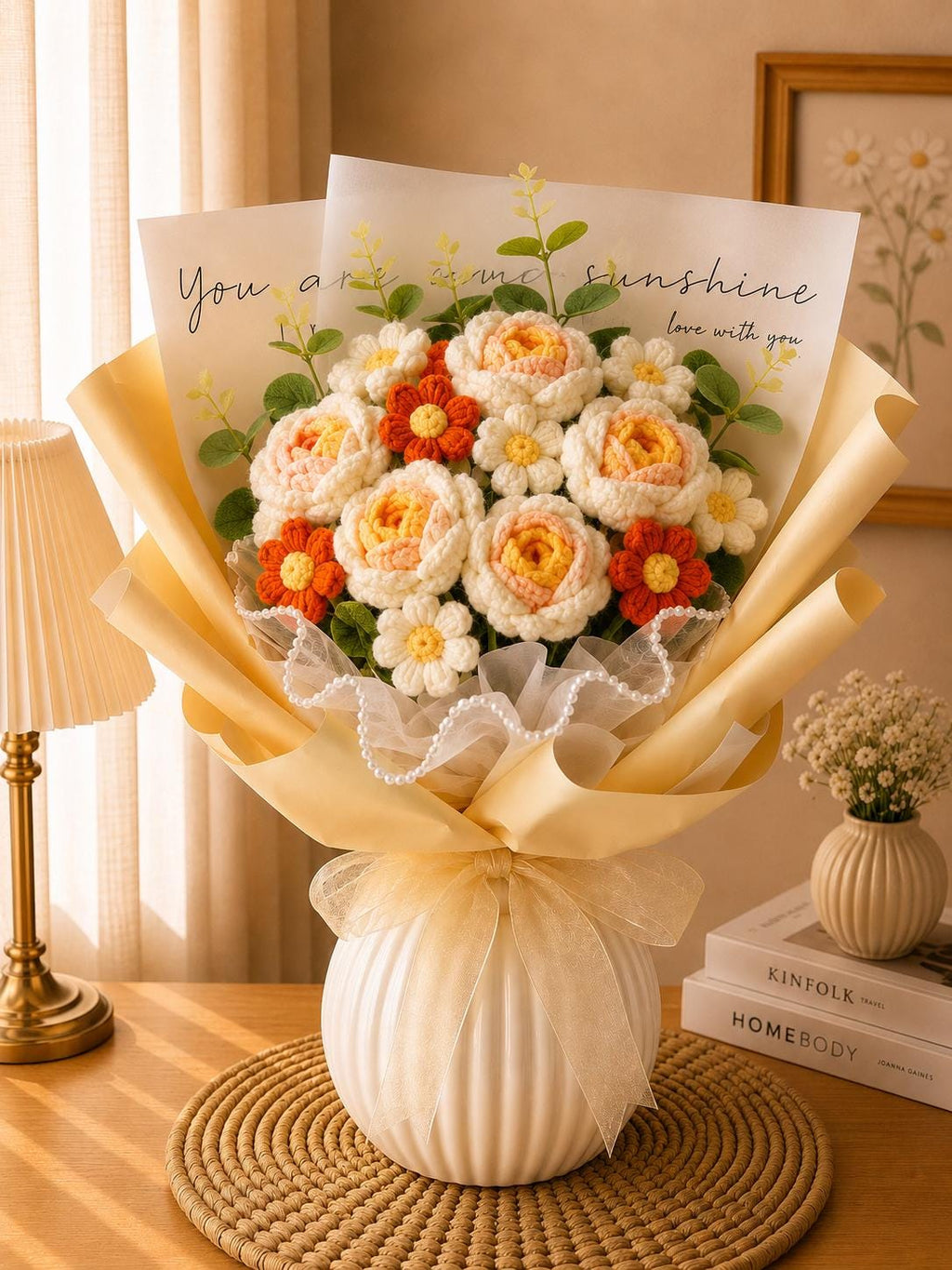 Handmade Crochet Flower Bouquet, Sunflower, Rose, Knitted Arrangement, Lasting Gift