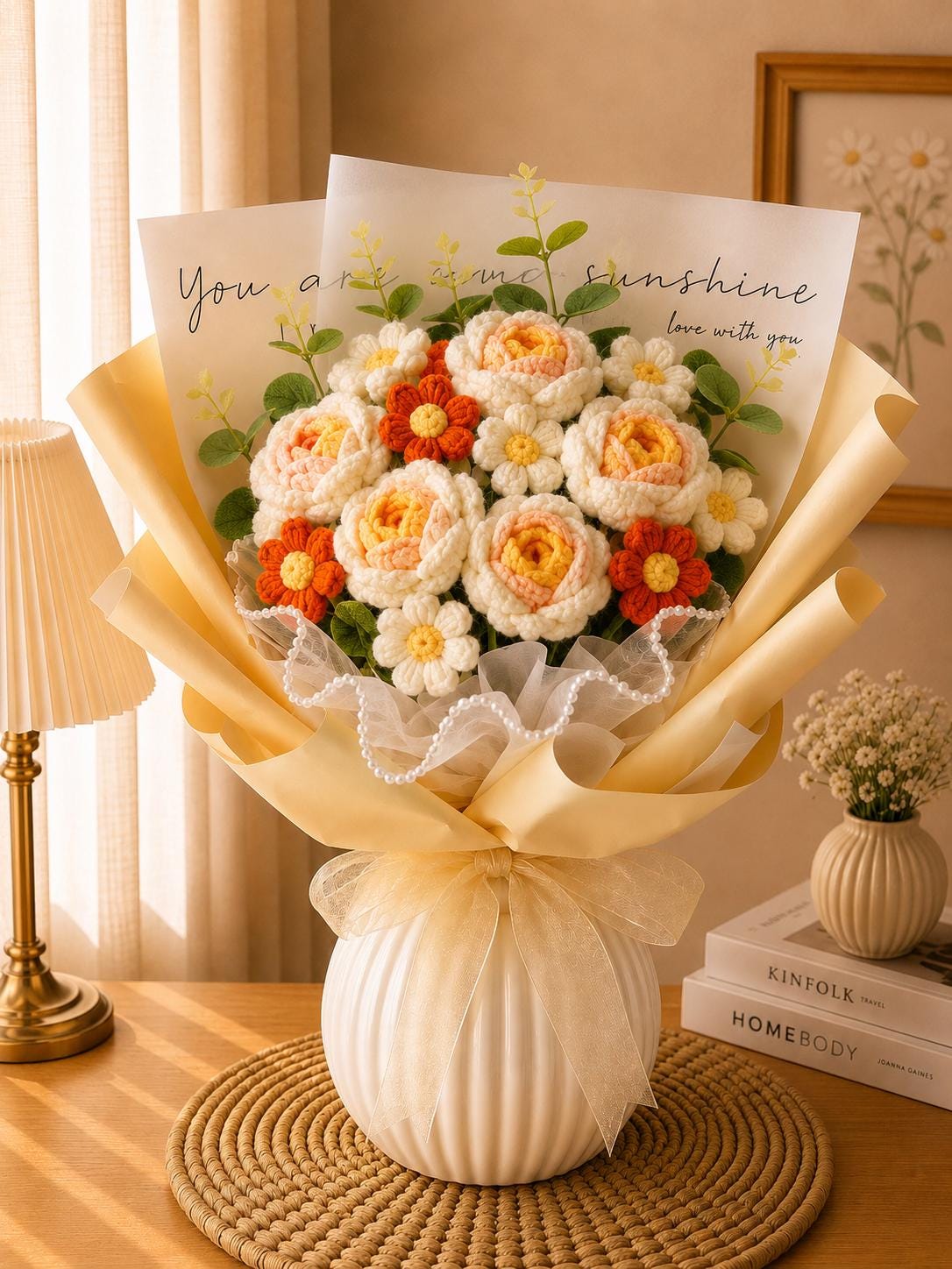Handmade Crochet Flower Bouquet, Sunflower, Rose, Knitted Arrangement, Lasting Gift