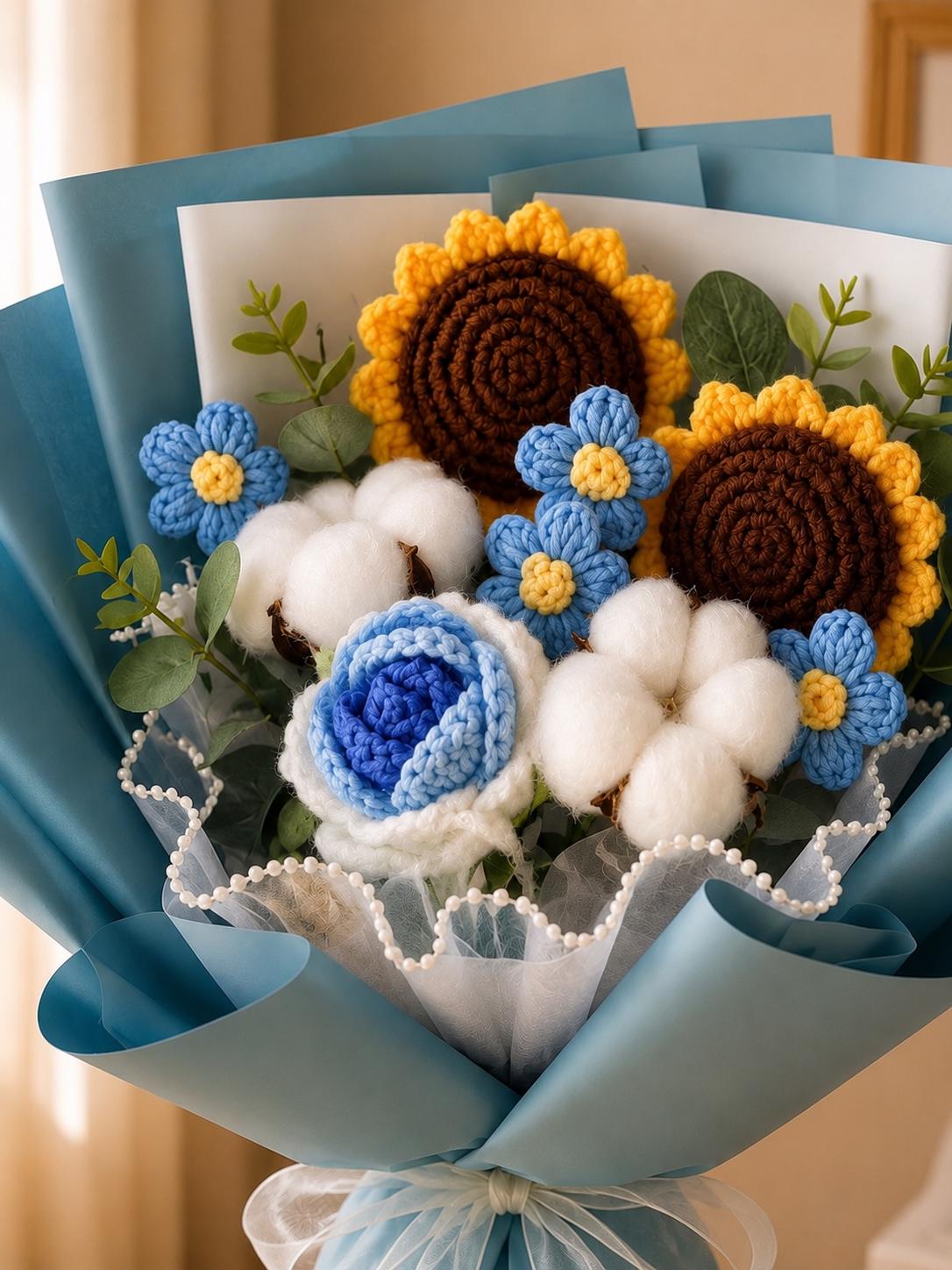Handmade Crochet Flower Bouquet, Sunflower, Rose, Knitted Arrangement, Lasting Gift
