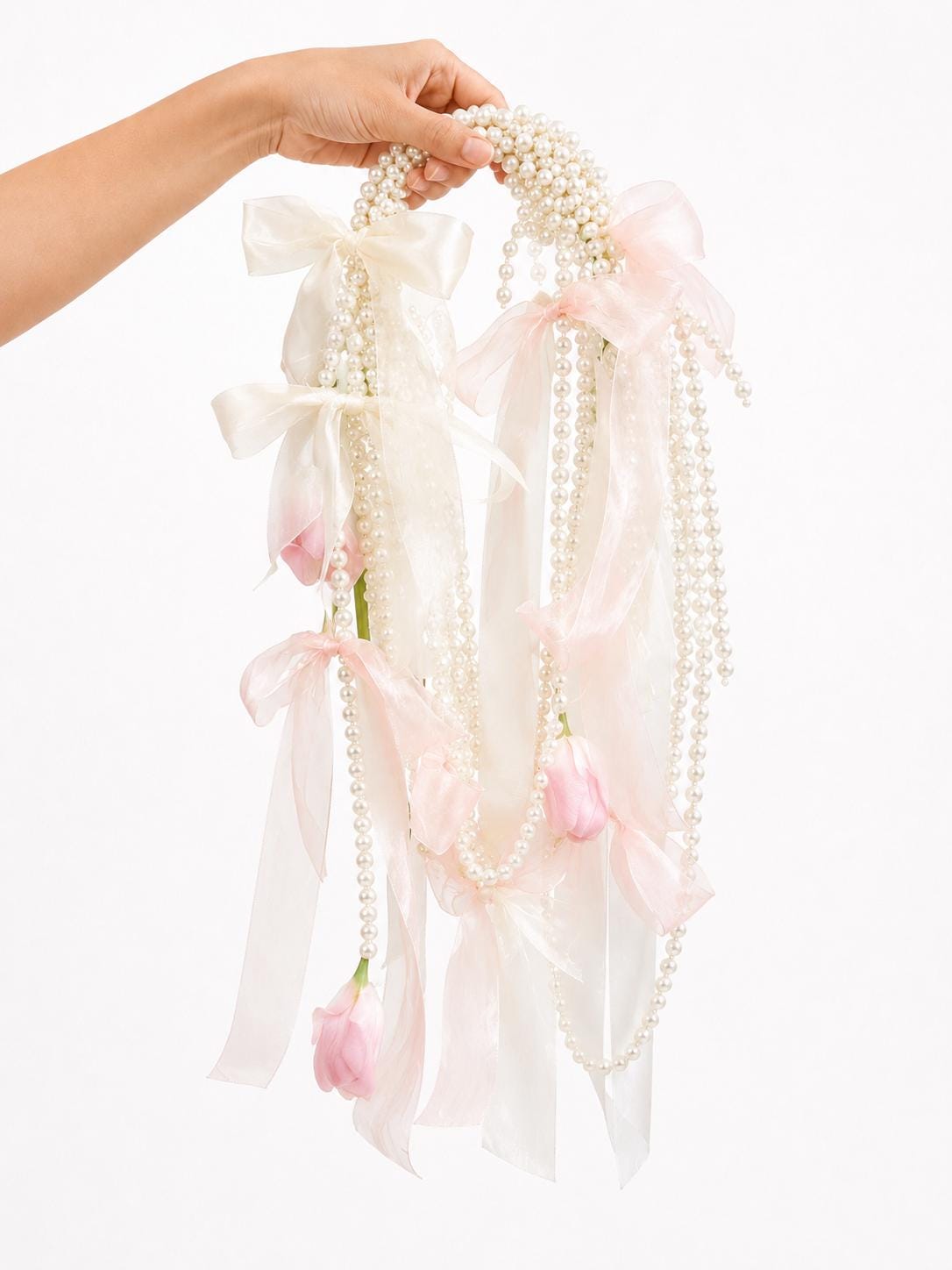 Silk Pink Cascading Tulip Pearl Bridal Flowers Bouquet