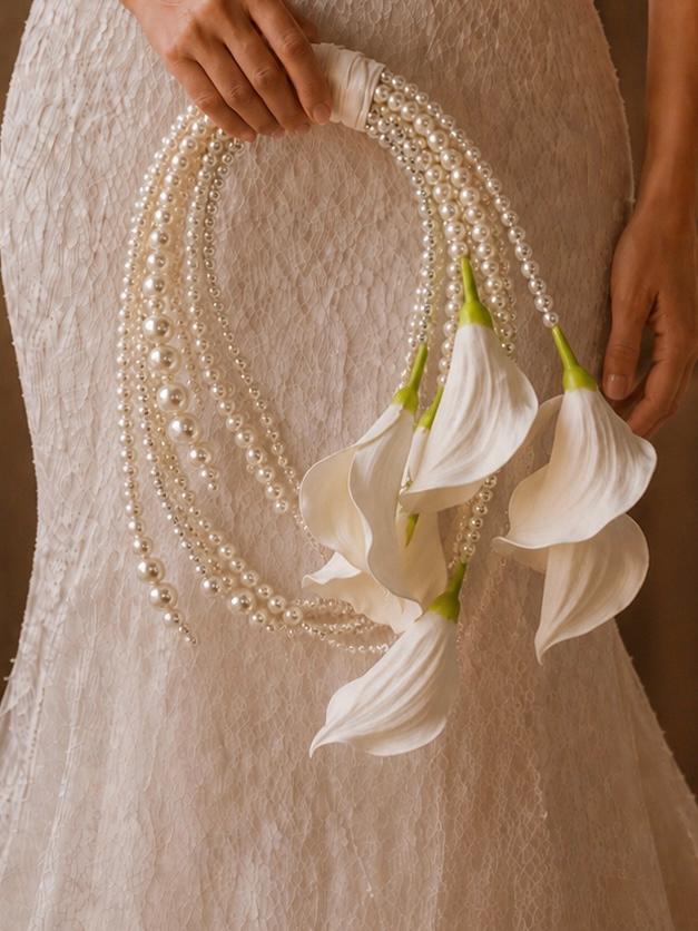Half Moon White Calla Lily Pearl Bridal Bouquet