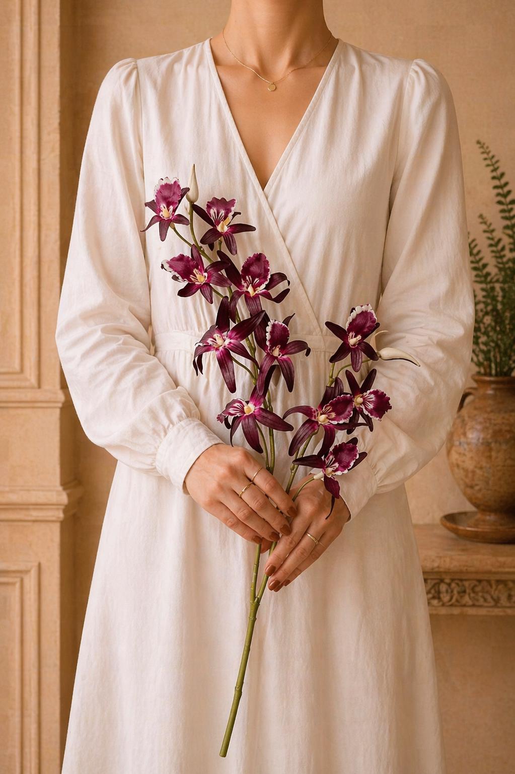 Real Touch Dendrobium Orchid Branch, 2 Fork Artificial Orchid Stem, Handmade Realistic Faux Flower Arrangement