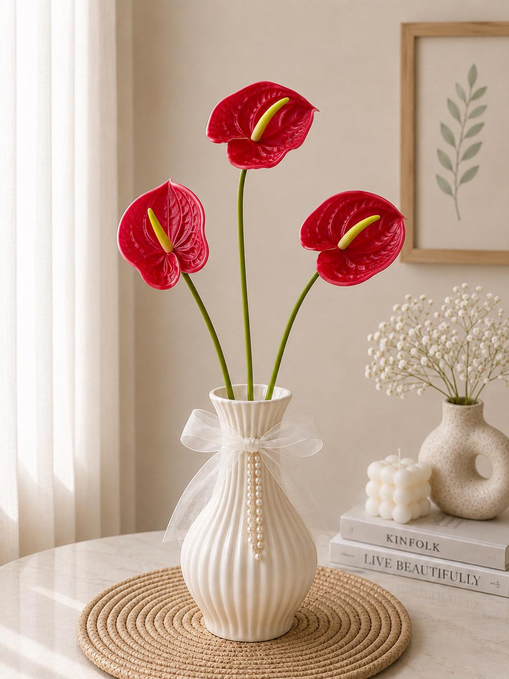 3D Anthurium Faux Flower Artificial Wedding Decor Home Styling Stem