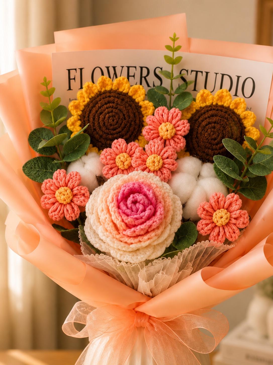 Handmade Crochet Flower Bouquet, Sunflower, Rose, Knitted Arrangement, Lasting Gift