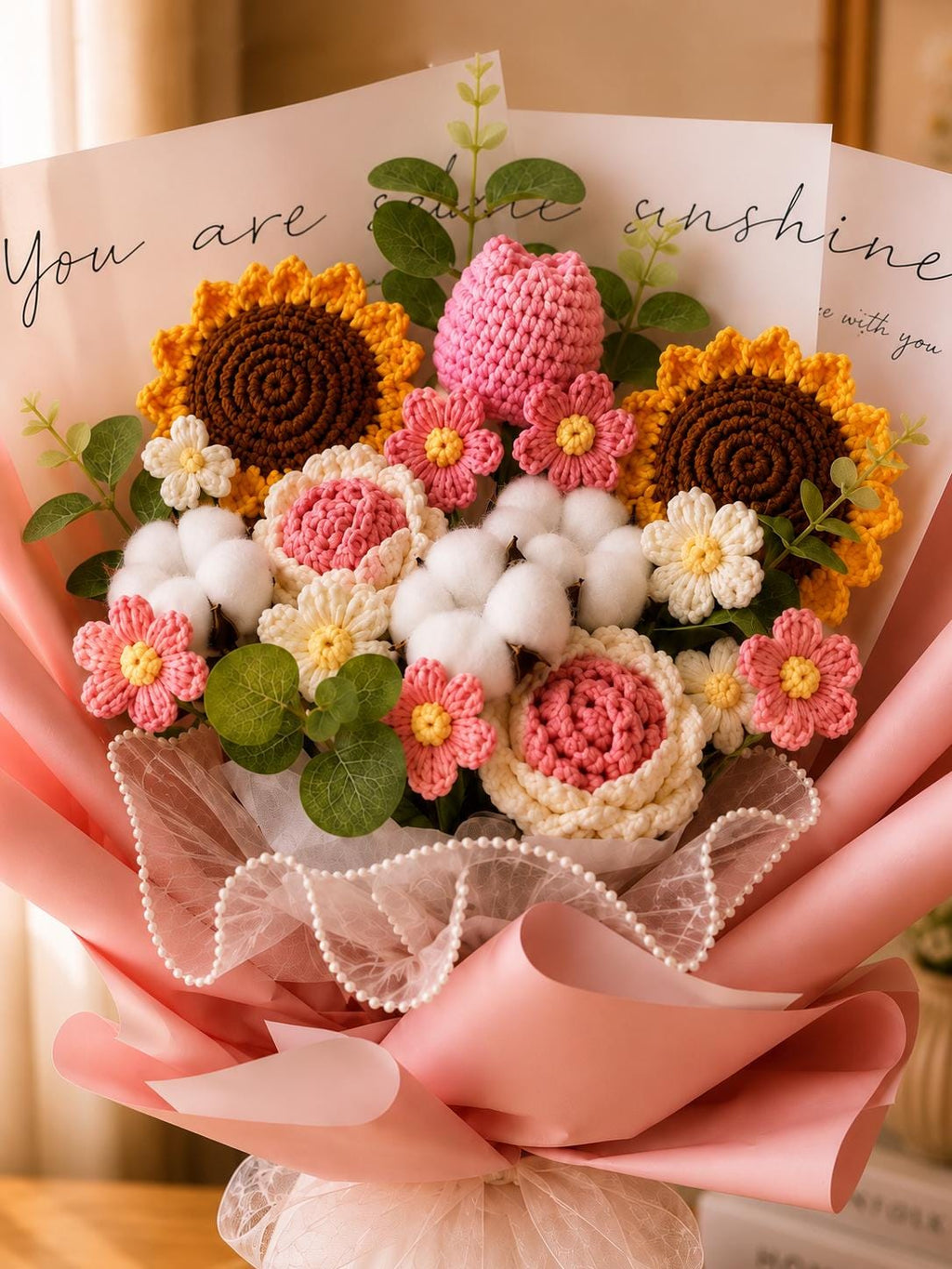 Handmade Crochet Flower Bouquet, Sunflower, Rose, Knitted Arrangement, Lasting Gift