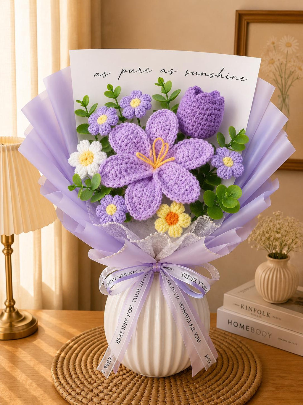 Handmade Crochet Flower Bouquet, Pink Tulip Daisy Arrangement, Knitted Gift