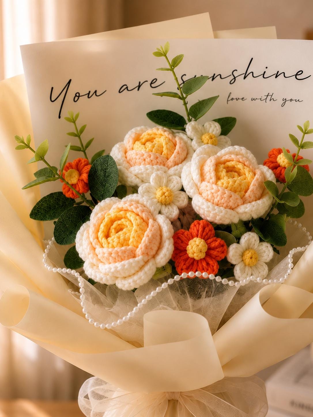 Handmade Crochet Flower Bouquet, Sunflower, Rose, Knitted Arrangement, Lasting Gift