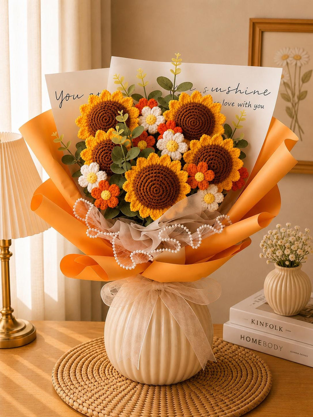 Handmade Crochet Flower Bouquet, Sunflower, Rose, Knitted Arrangement, Lasting Gift