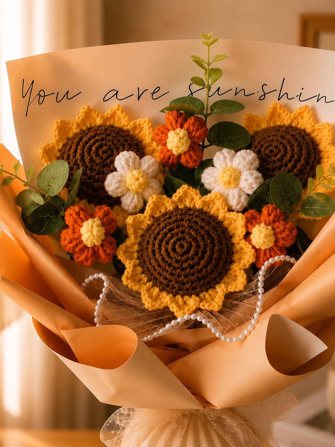 Handmade Crochet Flower Bouquet, Sunflower, Rose, Knitted Arrangement, Lasting Gift